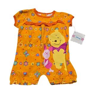 Disney Baby Winnie the Pooh Piglet Orange Floral Ruffle Vintage Summer Romper 6M